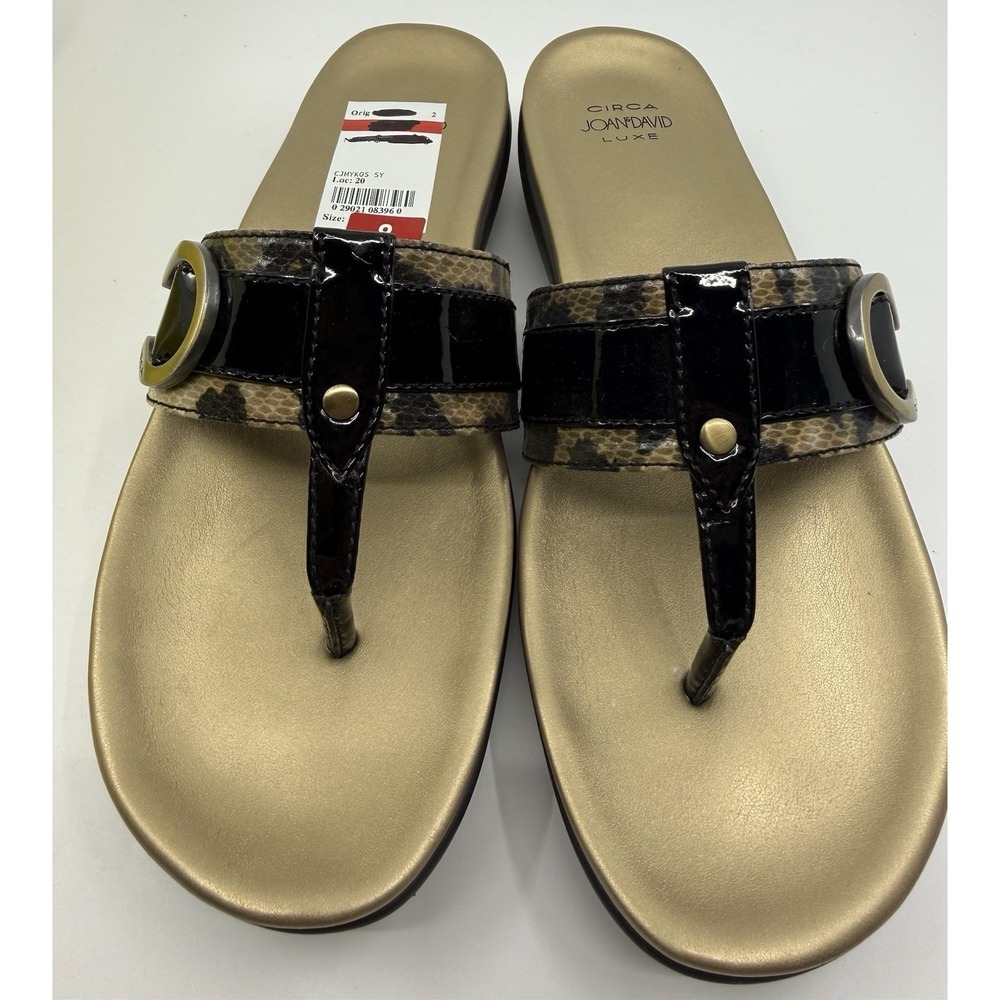 Circa Joan & David Luxe Thong Sandals Womens 8 Leopard Black Patent Gold NIB